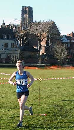 Gwenda Cavill in action at the Durham Cathedral Cross Country Relays